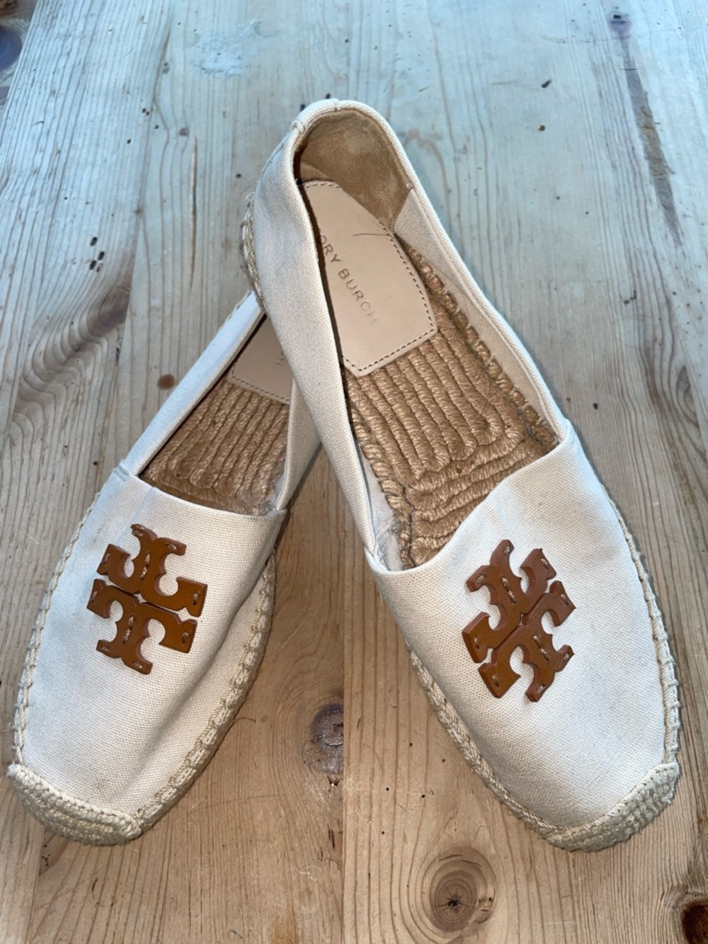 Tory Burch Clean Comfy Cream Canvas Espadrilles with Tan Logo Worn Once